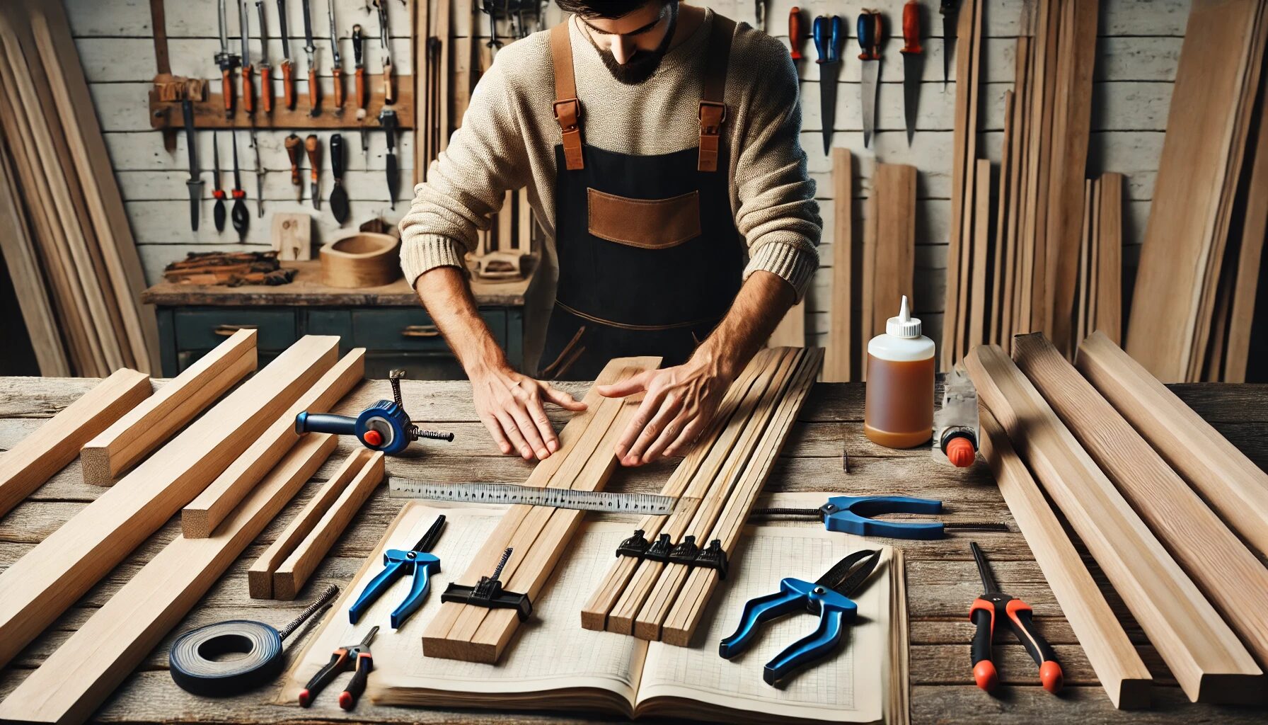 A woodworking workshop featuring common woodworking mistakes being corrected. A craftsman is measuring precisely, ensuring proper wood selection and applying glue with high-quality clamps.