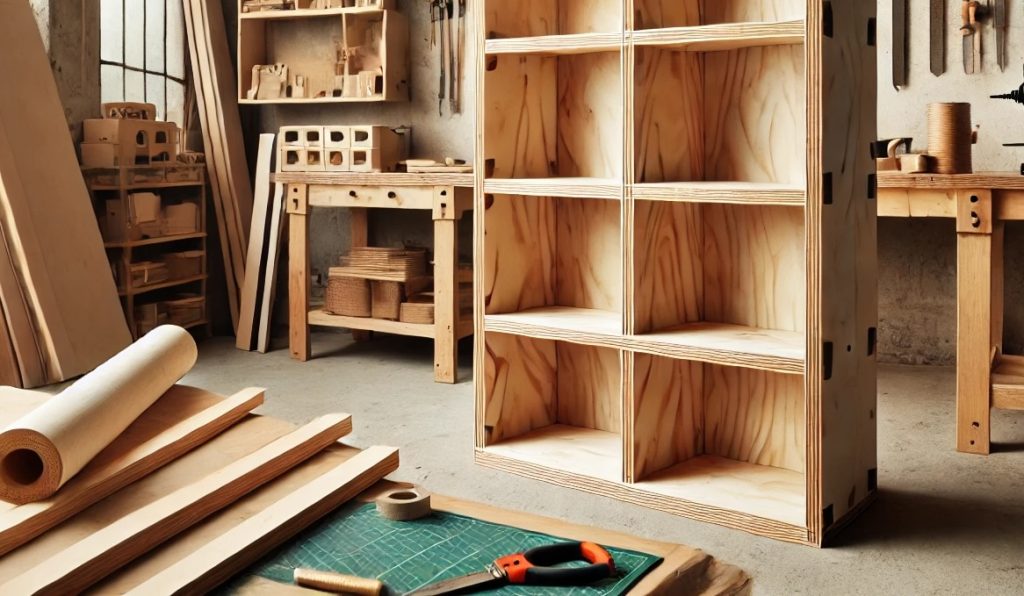 A freshly built DIY bookshelf with multiple shelves, neatly finished and placed in a well-lit workshop.