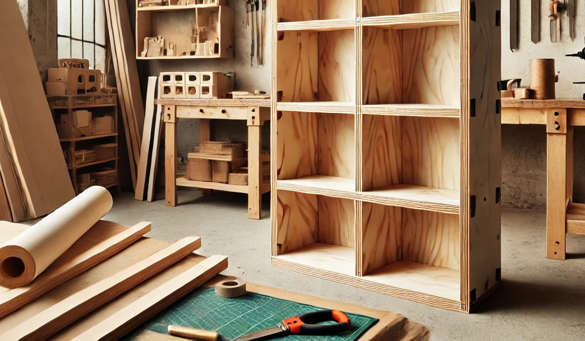 A freshly built DIY bookshelf with multiple shelves, neatly finished and placed in a well-lit workshop.