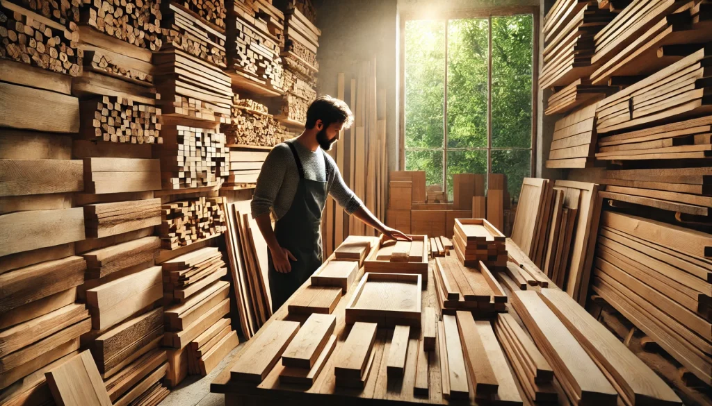 A woodworking shop with different types of wood neatly arranged, including oak, pine, and cedar, with a craftsman selecting the best wood for a DIY project.