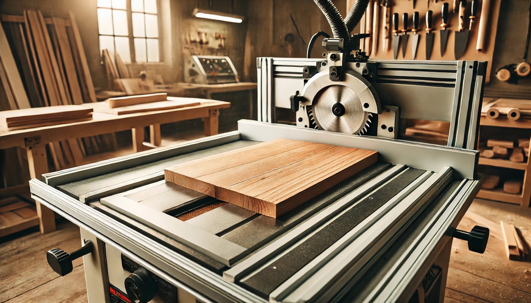 A well-lit woodworking workshop with a high-quality table saw in use. A piece of hardwood is being cut with precision, showcasing the correct blade height and a zero-clearance insert for a clean cut.