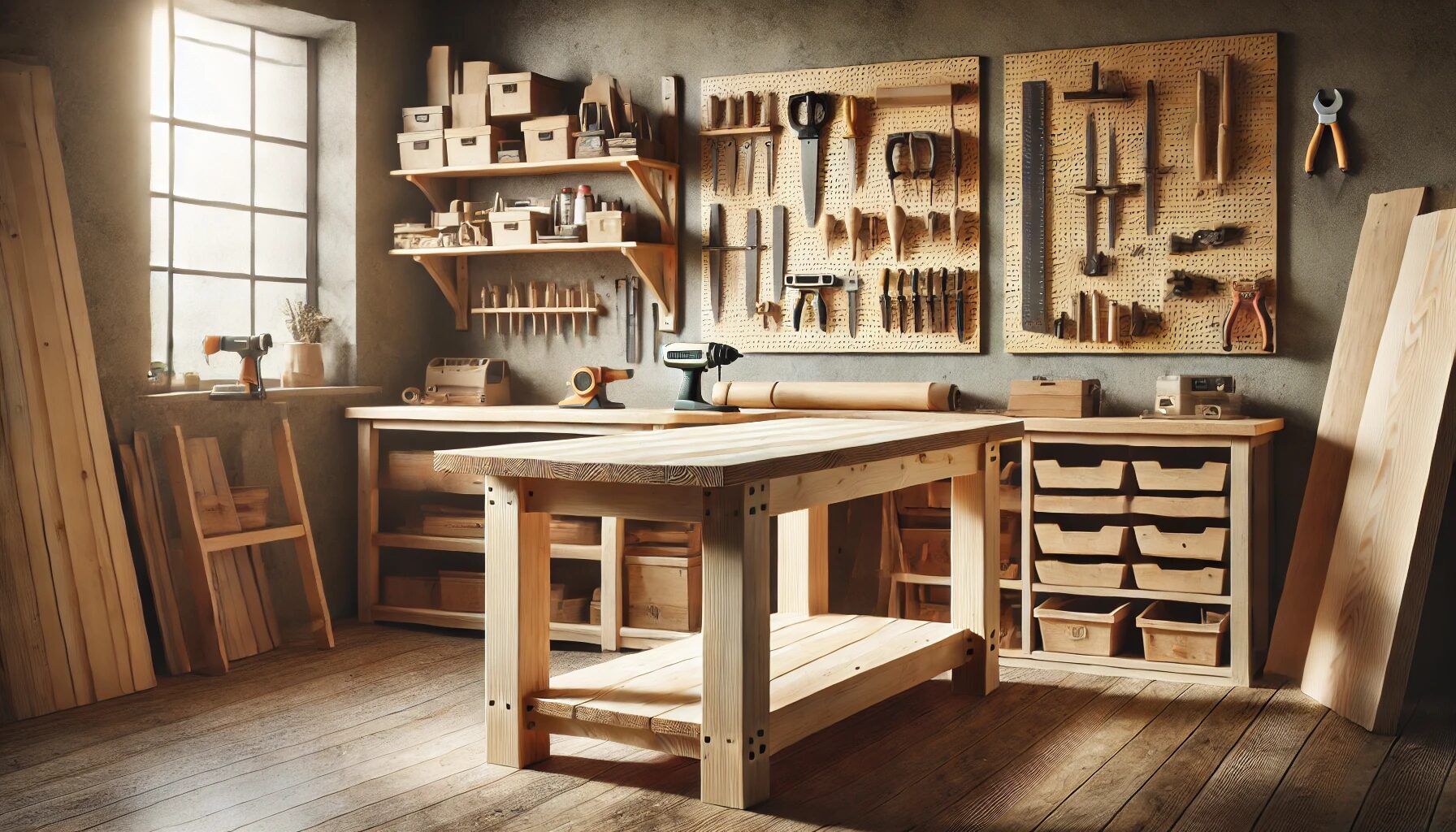 A sturdy DIY woodworking workbench in a well-organized workshop. The bench features a durable plywood top, sturdy 4x4 legs, and a lower storage shelf.
