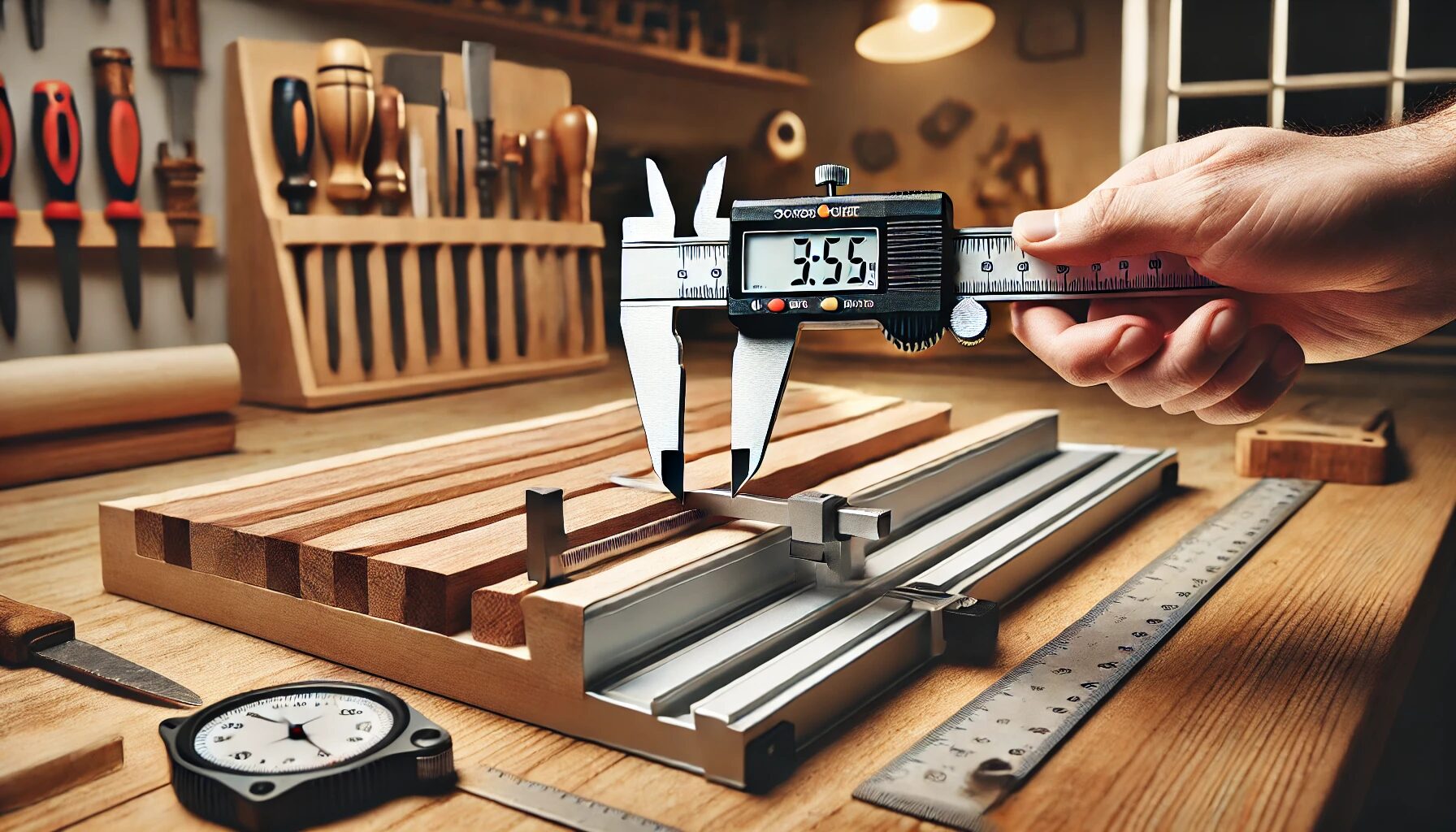 A woodworking setup showcasing a crosscut sled being calibrated using the 5-Cut Method. The workspace is clean, with a digital caliper measuring the final cut for accuracy.