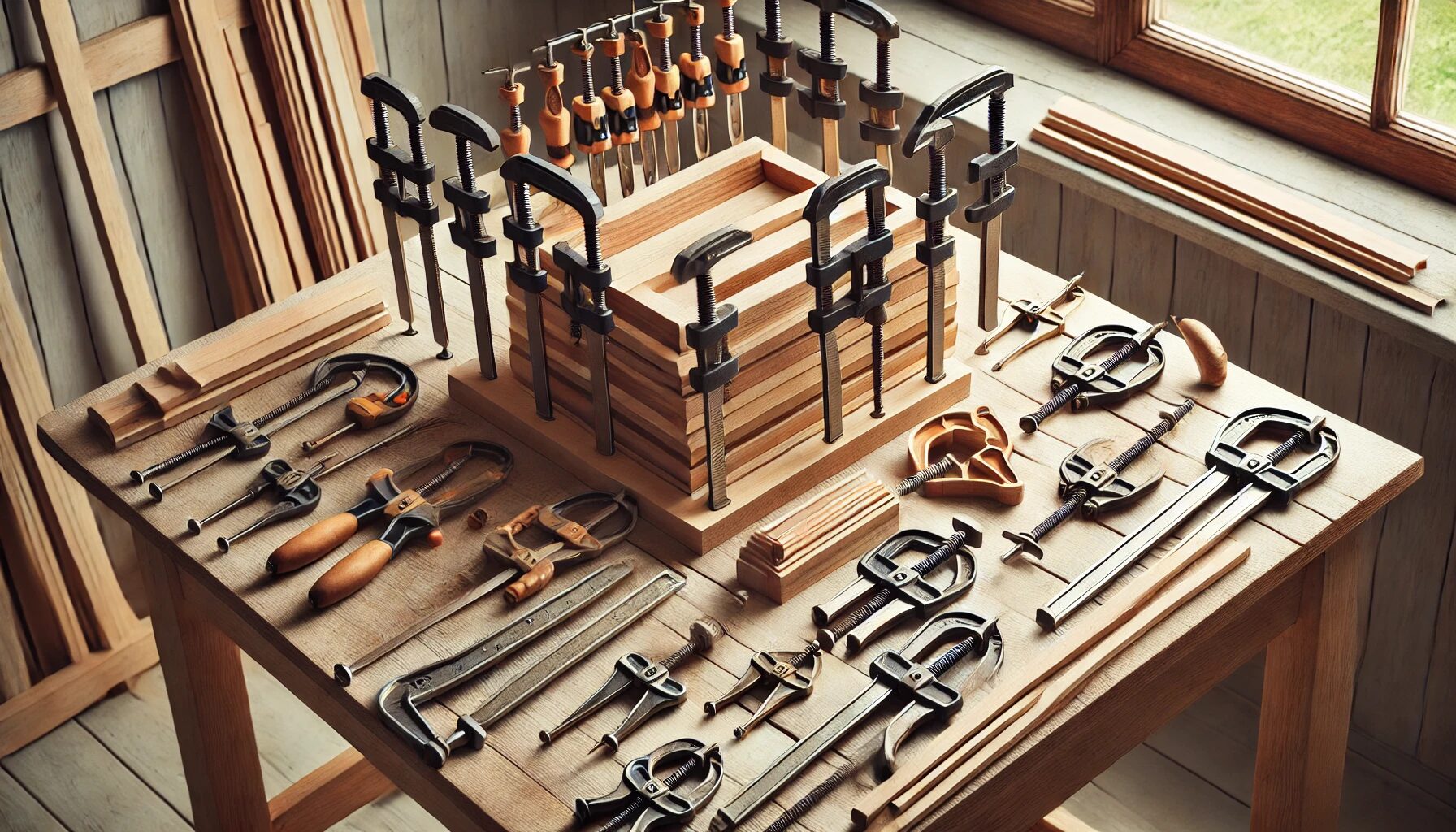 A woodworking bench displaying various types of clamps, including bar clamps, F-clamps, and spring clamps, neatly arranged in a well-lit workshop. Best woodworking clamps