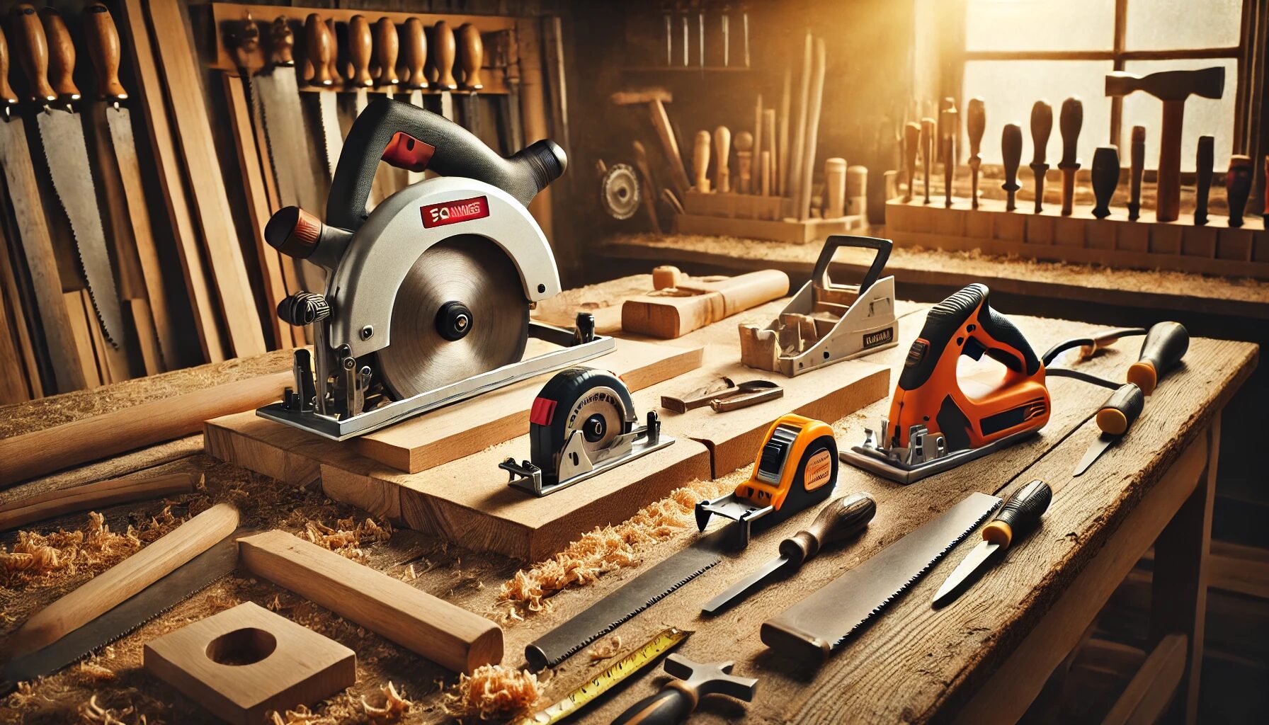A well-lit woodworking workspace featuring essential beginner tools neatly arranged on a sturdy workbench. Visible tools include a circular saw, a jigsaw, a combination square, a tape measure, a set of chisels, and a hand plane. The scene highlights the importance of having the right tools for precision and efficiency.