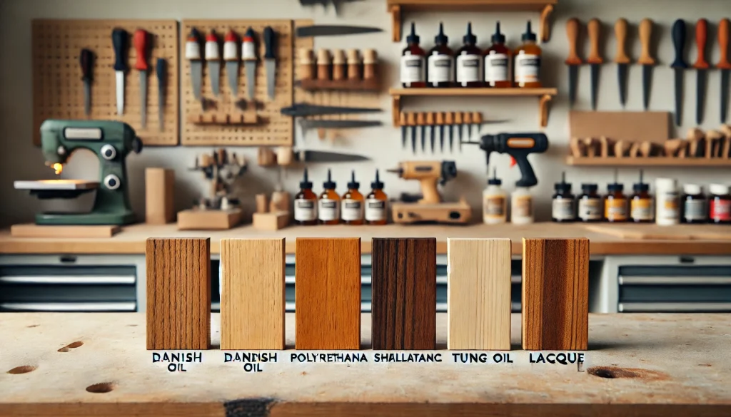 A woodworking workbench displaying five wood samples, each showcasing a different finish: Danish oil, polyurethane, shellac, tung oil, and lacquer.
