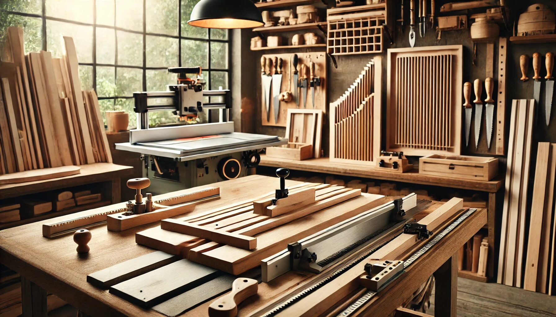 A well-equipped woodworking shop featuring a crosscut sled, dowel jig, and featherboard in action. The workspace is organized, with a table saw and router table visible.