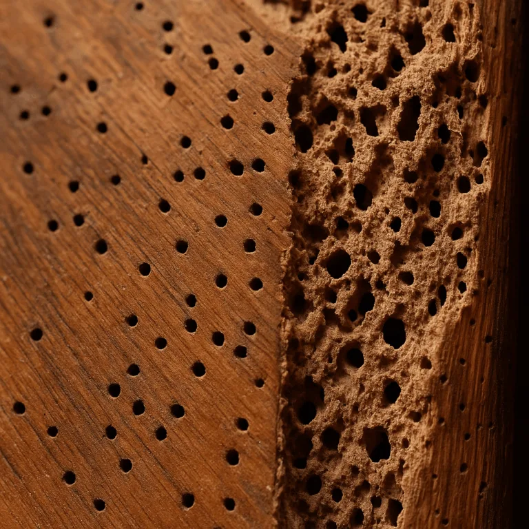 Pezzo di legno con fori dei tarli