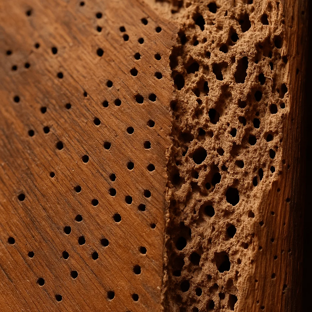 Pièce de bois avec des trous de vrillettes